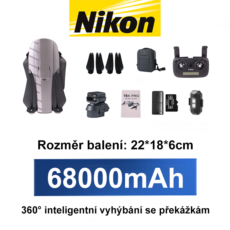 (Deluxe verze) Rozlišení 16K, dojezd až 30 kilometrů, výdrž baterie 16 hodin, maximální výška letu 2000 metrů, automatické vyhýbání se překážkám a osvětlení ve dne i v noci.